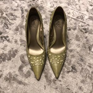 CARLOS, green, snake print, heels. 5.5